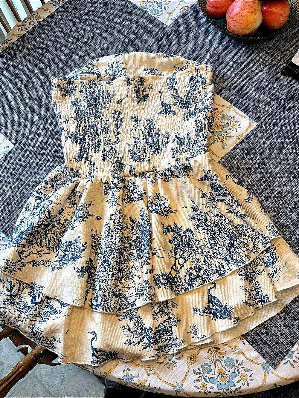 Cider Toile Print Strapless Tiered Mini Dress, Cream & Blue M